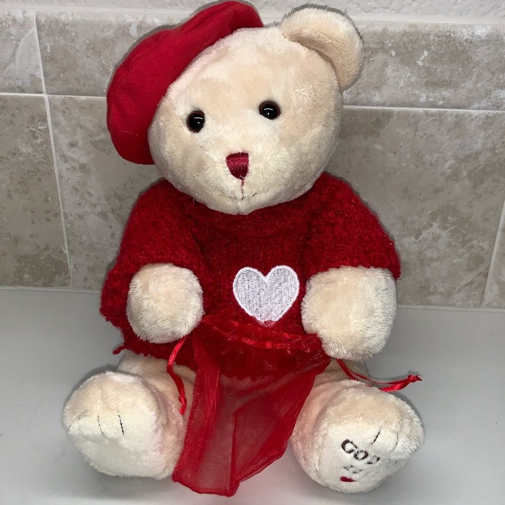 Gund and Godiva Valentine’s Stuffed Bear with Red Heart Sweater Beret Gift Bag